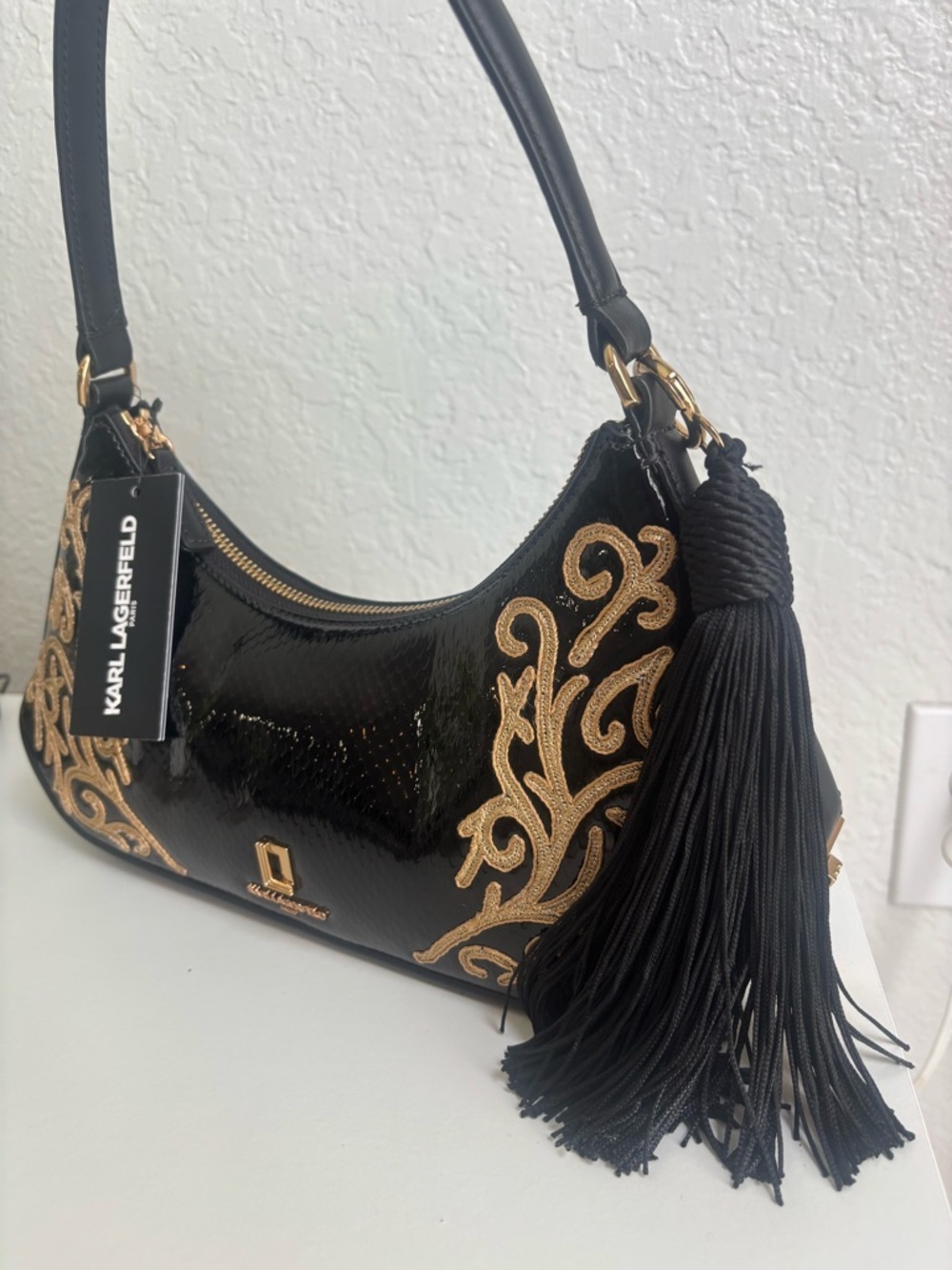 KARL LAGERFELD Black Embroidered Shoulder Bag - Picture 2 of 11